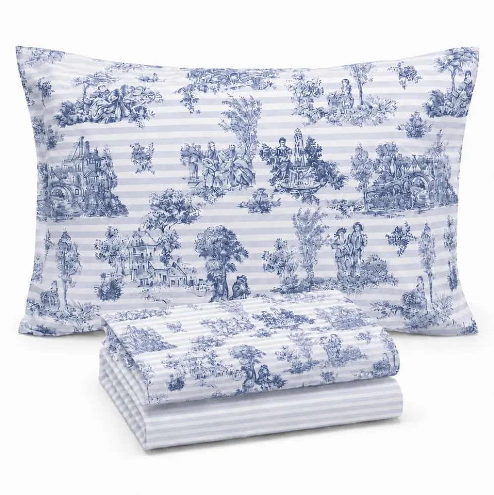 Parure Copripiumino cotone Percalle Toile de jouy blu Matrimoniale