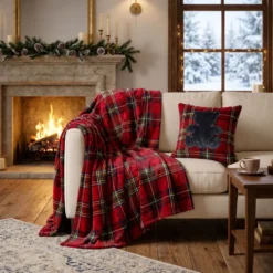 Plaid Aiden Tartan rosso + federa cuscino ricamati orsetto