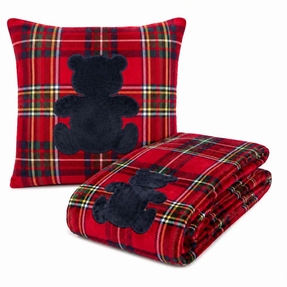 Plaid Aiden Tartan rosso + federa cuscino ricamati orsetto