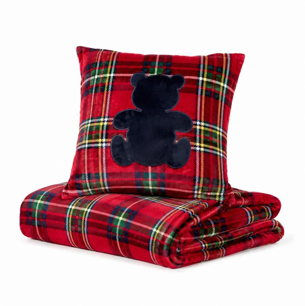 Plaid Aiden Tartan rosso + federa cuscino ricamati orsetto
