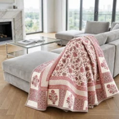 Plaid Imbottito double face stampato Jaipur Fiori Rosa Tortora 130x170
