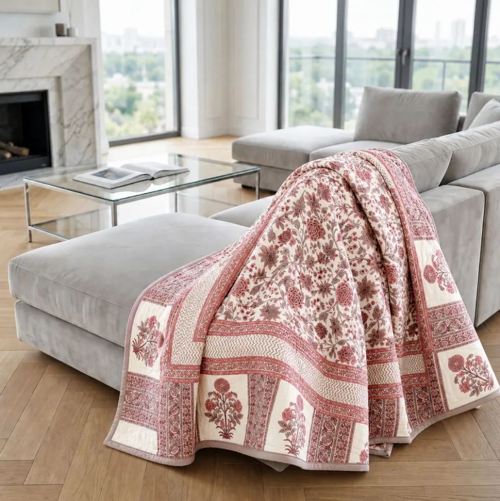Plaid Imbottito double face stampato Jaipur Fiori Rosa Tortora 130x170