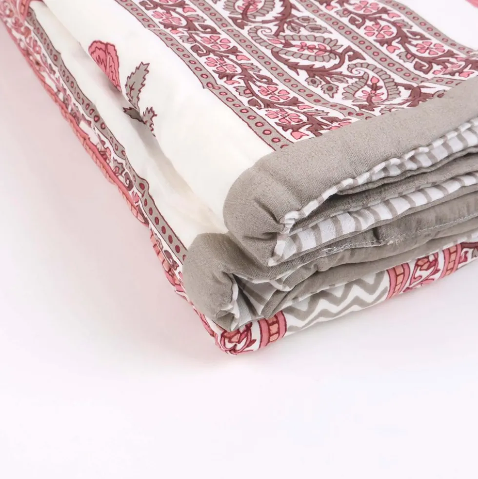 Plaid Imbottito double face stampato Jaipur Fiori Rosa Tortora 130x170