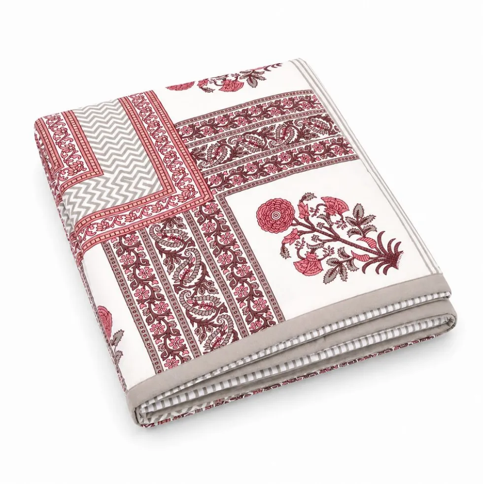 Plaid Imbottito double face stampato Jaipur Fiori Rosa Tortora 130x170