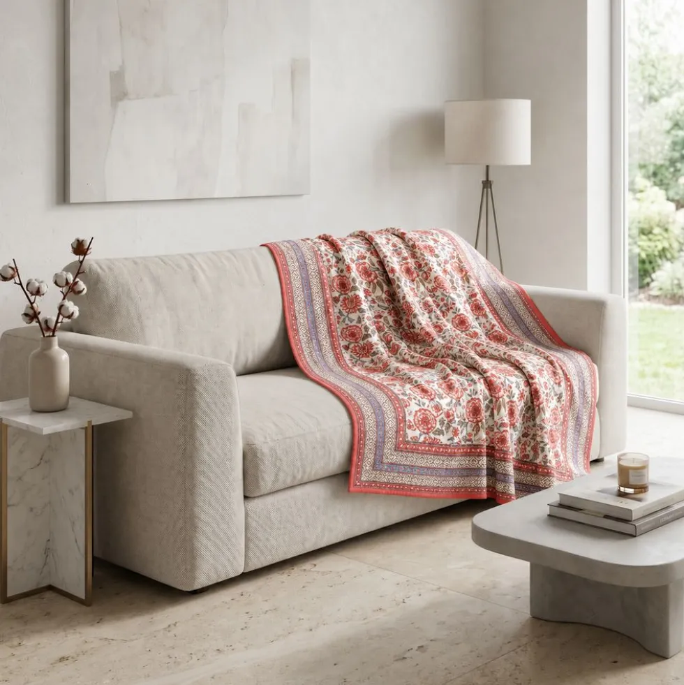 Plaid Imbottito double face stampato Jaipur Fiori Rossi Bluette 130x170