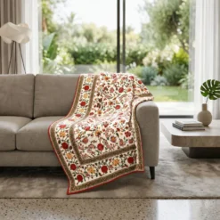 Plaid Imbottito double face stampato Jaipur Fiori Rossi Gialli 130x170