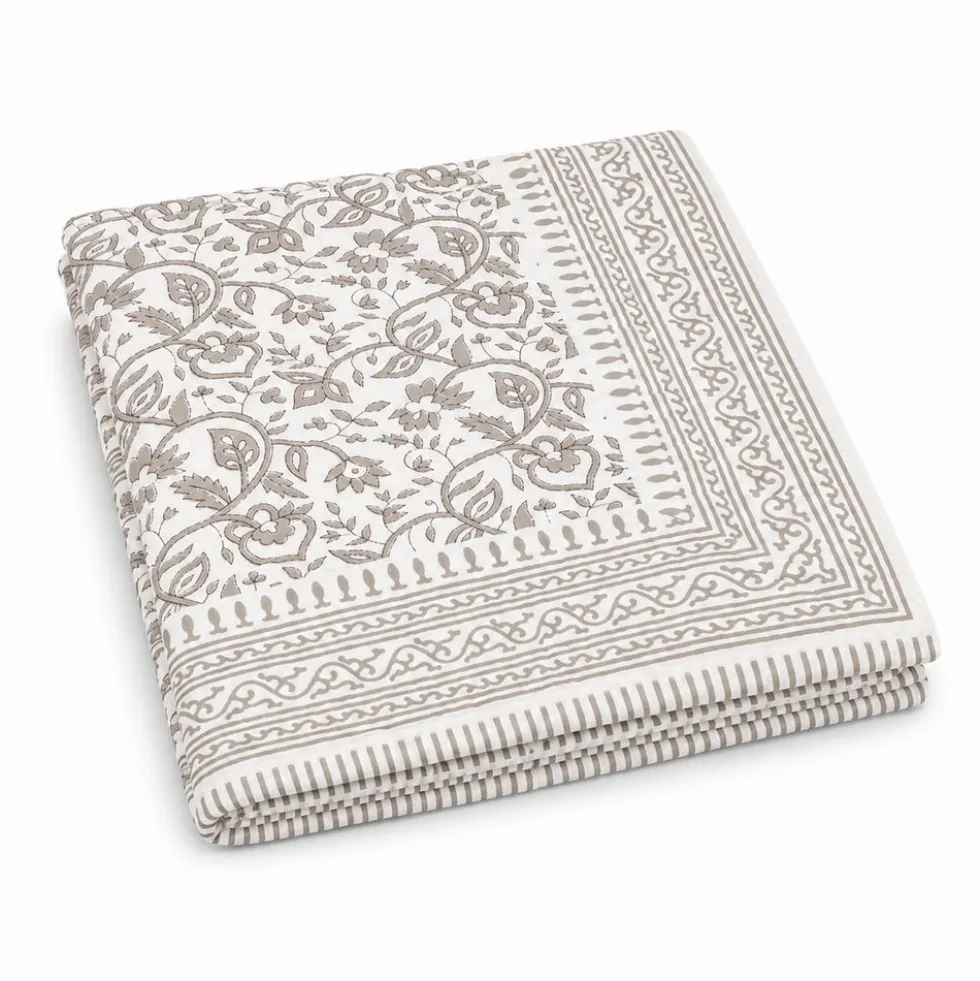 Plaid Imbottito double face stampato Jaipur Fiori Foglie Tortora 130x170