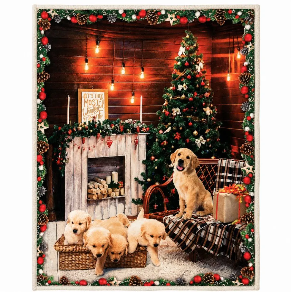 Plaid Sherpa stampa digitale Cani Caminetto 130 x 160
