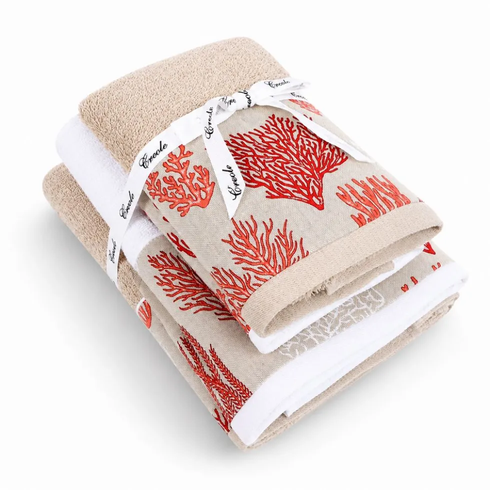 Set 2 + 2 Asciugamani CREOLE Balza Corallo Bianco/Beige Lampone