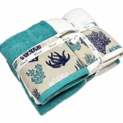 Set 2 + 2 Asciugamani CREOLE Balza Corallo Bianco/Turchese