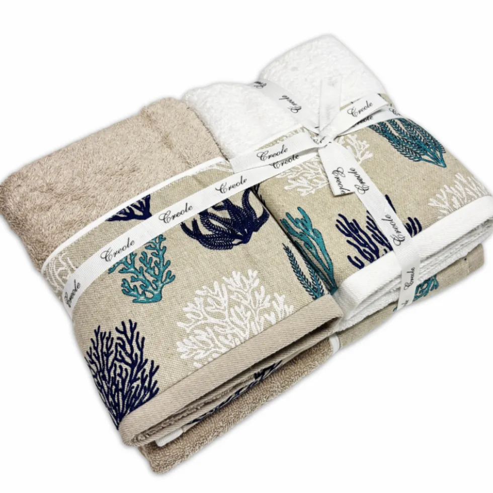 Set 2 + 2 Asciugamani CREOLE Balza Corallo Beige/Bianco