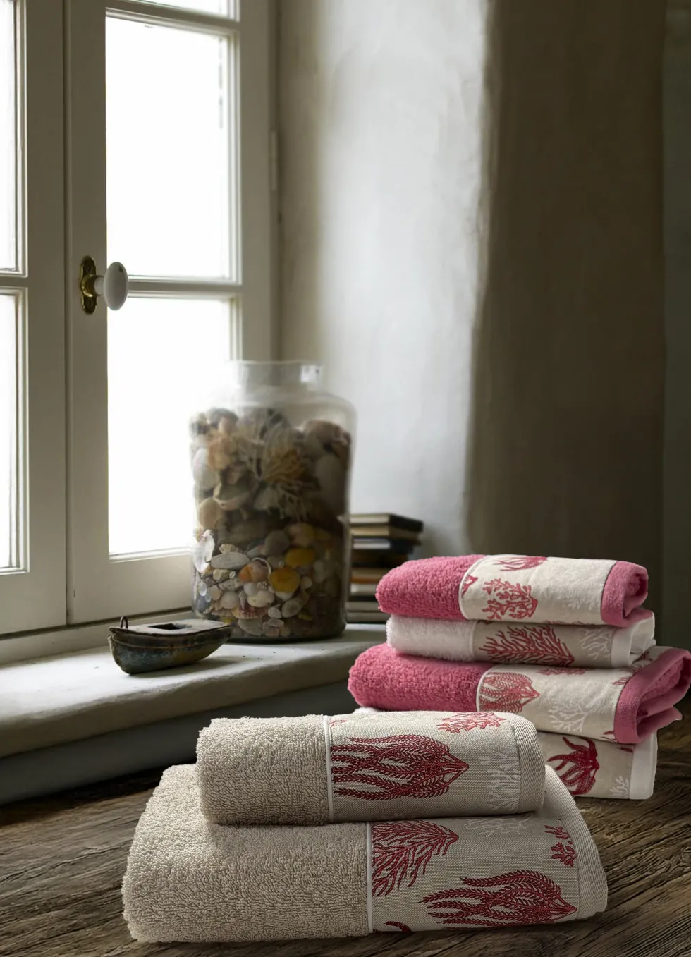 Set 2 + 2 Asciugamani CREOLE Balza Corallo Lampone/Beige