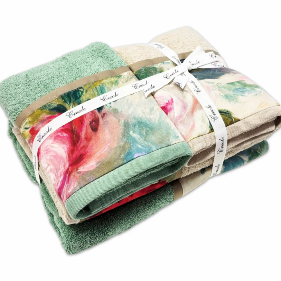 Set 2 + 2 Asciugamani CREOLE Camelia Smeraldo/Beige