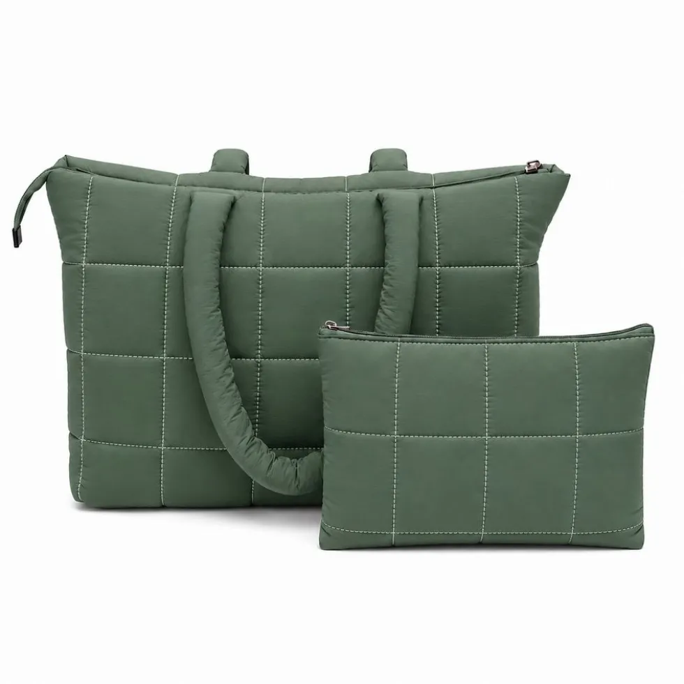 Set Borsa Tote + pochette trapuntata puffer louise Verde