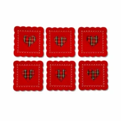 Set 6 sottobicchieri in pannolencio ricamato Cuore Tartan