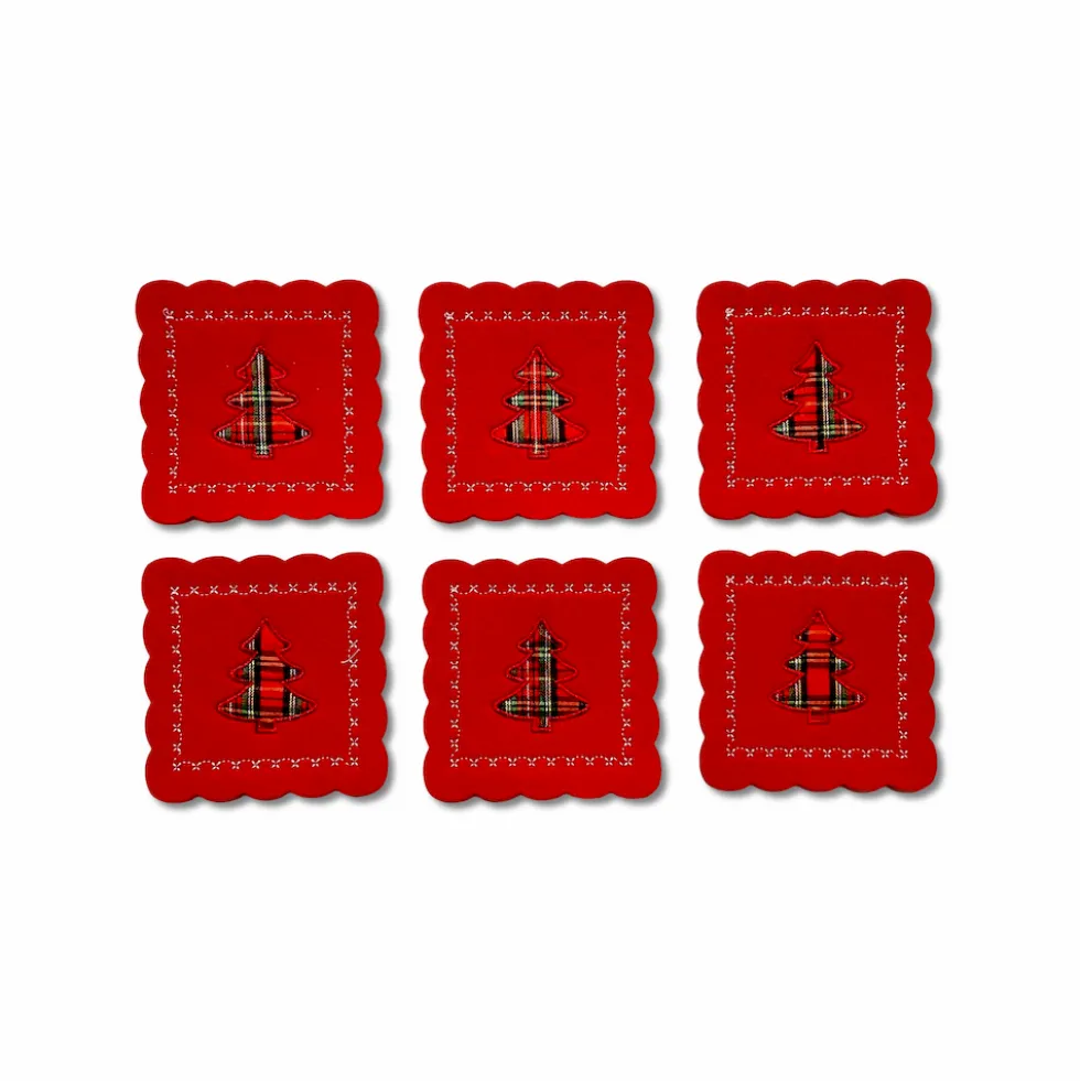 Set 6 sottobicchieri in pannolencio ricamato Albero Tartan