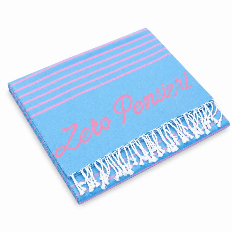 Telo Mare Fouta stampato con frange Zero Pensieri Azzurro 90x170