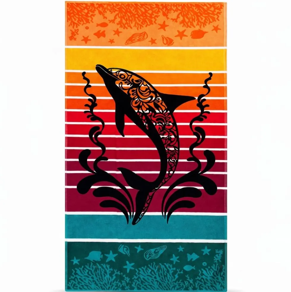 Telo Mare Spugna Jacquard Dolphin Jump Rosso 90x165