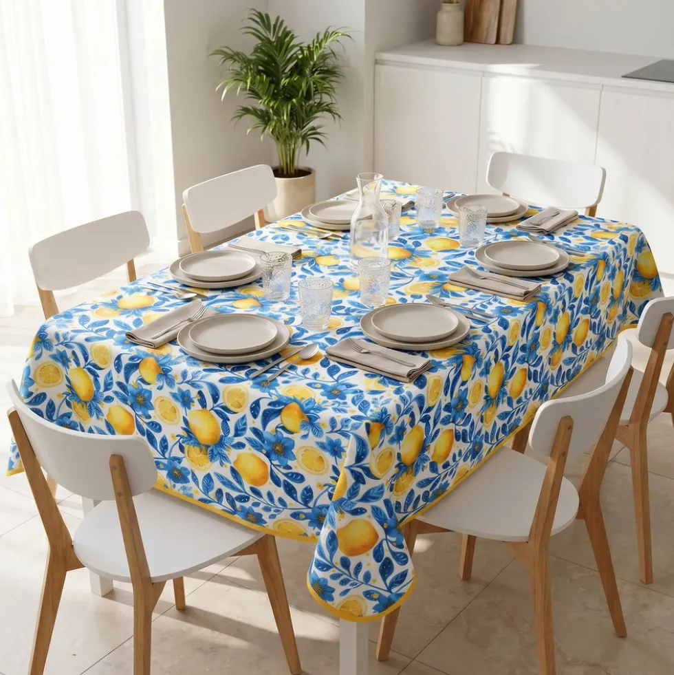 Tovaglia Antimacchia Hydro Frutta Disegno 1 Limoni e fiori blu 140 x 180