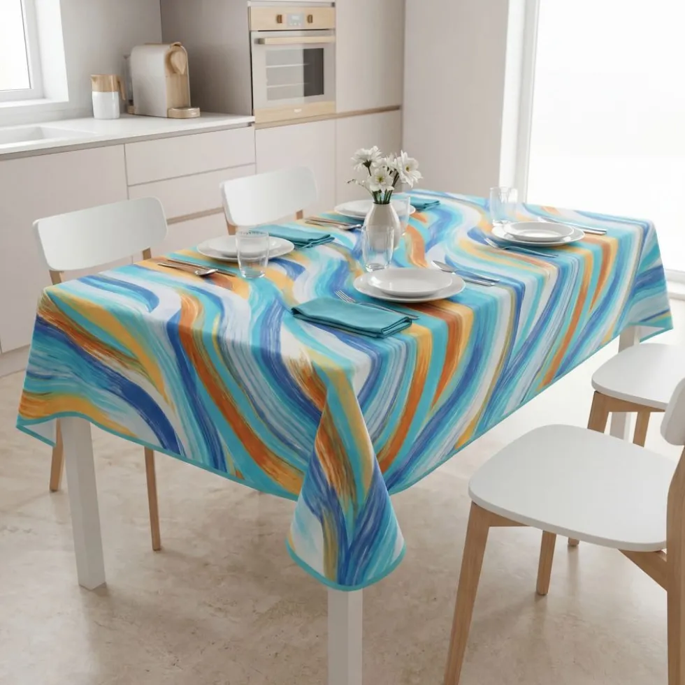 Tovaglia Antimacchia Splash Astratto Onda Azzurra Acquamarina 140 x 180